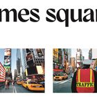 Oben steht "times square". Unten links: Straße mit Taxis und amerikanischer Flagge. Unten rechts: Verkehrspolizist in Weste.