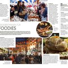 Texte: Großbritannien für Foodies, Fangfrisch, Top 5 britische Käsesorten. Bilder: Ein Marktstand, typisches britisches Essen, Straße mit Lichtern.