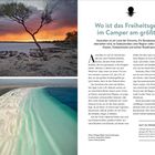 Wo ist das Freiheitsgefühl im Camper am größten? Oben: Farbgewaltiger Sonnenuntergang, Unten: Flaherty Beach. Links: Landschaftsbilder.