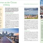 **Links:**

- Überschrift: "8 Immer an der Ostsee entlang"
- Highlights wie: "Vermächtnis Caspar David Friedrichs."
- Feste: "Festspiele Mecklenburg-Vorpommern."
- Haupttext: Beschreibung von historischen Seebädern und Freizeitaktivitäten.

**Rechts:**

- Titel: "Schleswig-Holstein, Mecklenburg-Vorpommern"
- Fotos: Strandaktivitäten, Leuchtturm.
- Tippbox: "Persönlicher Tipp" über Rügen.

**Unten:**

- Großes Bild: Seebrücke.