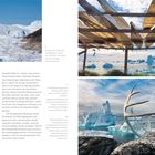 Text über Grönland, Eisschild und Klimawandel. Links: schneebedeckte Landschaft. Oben rechts: Kajaks über Eismeer. Unten rechts: Geweih mit Eisbergen.