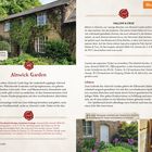 Texte: "Musterlayout", "Alnwick Garden bezaubert Groß und Klein.", "Alnwick Garden", "Tipp!", "Hallow & Crux". 

Ein mit Efeu bewachsenes Gebäude, bunte Blumen im Garten.