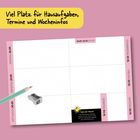 Viel Platz für Hausaufgaben, Termine und Wocheninfos. Kalender mit Wochentagen und Daten, Stift und Anspitzer abgebildet.