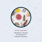 „Kreativ genießen: Meditationen, Rezepte und DIY-Ideen für entspannte Momente.“ Kreis mit Zutaten und Fläschchen.