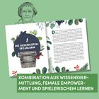 Text: "Die Geschichtenerzählerin", "Kombination aus Wissensvermittlung, Female Empowerment und spielerischem Lernen". 

Illustration: Eine gezeichnete Frau mit einer geöffneten, dekorierten Buchseite und einer Schreibmaschine.