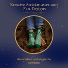 "Kreative Strickmuster und Fan-Designs. Hausfarben und magische Symbole." Socken in Grün mit Schlangensymbolen.