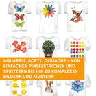 Text: "Aquarell, Acryl, Gouache – von einfachen Pinselstrichen und Spritzern bis hin zu komplexen Bildern und Mustern."  
Illustration mit T-Shirts, die verschiedene bunte Designs zeigen.