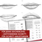 "Für jedes Zeichenlevel – motivierende Schritt-für-Schritt-Anleitungen". Skizzen von Lippen und ein geöffnetes Buch zur Augenpartie.