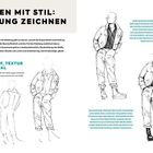 Der Text erklärt das Zeichnen von Kleidung an Figuren. Es gibt Tipps zu Proportionen, Faltenwurf und Texturen. Zeichnungen zeigen Figuren in unterschiedlichen Posituren.