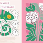 Text: "FOLLOW YOUR TINY SPARK". Links ein gemustertes Chamäleon mit Blumen, rechts weiße Blüten auf rosa Hintergrund.