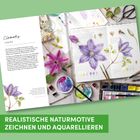 Text: "Clematis Zerlegte Blüte" und "REALISTISCHE NATURMOTIVE ZEICHNEN UND AQUARELLIEREN". Illustration von Clematis-Blüten mit Malutensilien.
