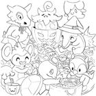 Illustration: Verschiedene fröhliche, kostümierte Kreaturen sammeln Süßigkeiten in Halloween-Atmosphäre.