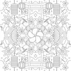 Eine detaillierte, symmetrische Illustration mit asiatischen Motiven: Laternen, Fächer, Torii-Tor, Blumen, Hasenfiguren.