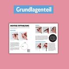 Text: "Grundlagenteil", "Richtige Stifthaltung", "Richtung", "Winkel", "Druckregulation".  
Anleitung zur Stifthaltung, mit Diagrammen und Fotos auf rosa Hintergrund.