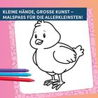 Text: "KLEINE HÄNDE, GROSSE KUNST – MALSPASS FÜR DIE ALLERKLEINSTEN!" Illustration: Kükenumriss auf rosa Hintergrund. Farbstifte.