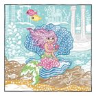 Illustration einer Meerjungfrau mit lila Haaren und pinkem Schwanz, umgeben von Fischen und Ruinen im Meer.