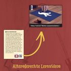 Text: Video-Tutorial "Motive zusammenleimen", Teile zusammenleimen, altersgerechte Lernvideos. Illustration mit Anleitung und Pfeil.