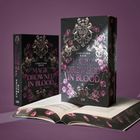 Buchtitel: "Magic Drowned in Blood". Autor: Christina Rain. Zwei Bücher vor lila Hintergrund, mit Rosen dekoriert.