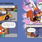 Comic über „Superhörnchen“. Text: „Nelly hält an...“, „Quetsch!“, „Der Professor...“, „Ka-Buum!“, „Wo sind sie?“