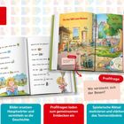 „Leseprofis“ Logo, Seite mit Text und Bildern, Frage: „Wo versteckt sich der Besen?“. Illustrationen von Kindern und einem Hof.