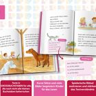 Texte: "Im Stall ist es ruhig. Paula atmet tief ein. Lotte stupst Paula sanft. Das kitzelt!"  
Logo: "Leselöwen. Erstes Lesen".  
Illustration von Kindern und Pferden.