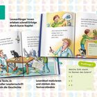 Leseanfänger erleben schnelle Erfolge. Oma am Tisch, Roboter und Katze dabei; Junge gießt Blume. Text über Heizung.