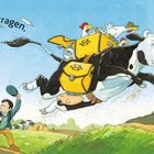 Text: „...Post austragen.” Eine fliegende Kuh mit Posttaschen, Hühnern und Postmann, ein Mann verfolgt sie. ländliche Umgebung.