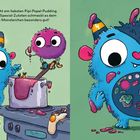 Krabbel kocht am liebsten Pipi-Popel-Pudding. Ein blaues Monster und ein lila, kugeliges Monster stehen in einer Küche.