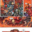 Comic-Szene: Figuren in einer feurigen Umgebung, panische Bewegung und ein Sturz. Aliens und Menschen interagieren.