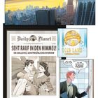 "JETZT, METROPOLIS. SEHT RAUF IN DEN HIMMEL! LOIS LANE CHEFREDAKTEURIN. Hey, Chef, alles klar. Ich hab das Bild für die morgige Titelstory." Blick auf Stadt, Zeitung und Büro.