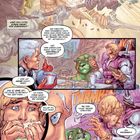 Comic mit mehreren Szenen: Kämpfende Helden; Tisch mit Sandwiches; eine plötzliche Erschütterung erschreckt die Charaktere.
