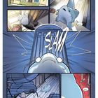 Texte: CREEEEAK, Mmm?, SLAM, Oh. Es ist Jeff., Grrr. Illustration eines blauen, rundlichen Wesens in einem Haus.