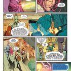 Ein Mann schaut in den Weltraum. Andere Figuren unterhalten sich auf einem Raumschiff. Ein sonniger Planet und Schiff sind sichtbar.