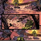 Grüner, muskulöser Mann sitzt in Waldlandschaft; lila und orange Töne. Tiere, wie ein Hirsch, im Hintergrund.