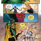 „Detroit Jetzt“ und Sprechblasen: Eine Konfrontation zwischen Helden; eine Drohne am Boden zerstört. Illustrationsstil.