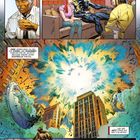 Ein Wissenschaftler, eine Explosion in einer Stadt und Personen auf einem Sofa mit einem schwarzen Anzug. Comic-Stil.