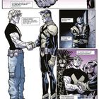 Ein Handschlag, mehrere Figuren in futuristischer Kleidung. Dialoge und Erzähltexte, die die Handlung beschreiben. Comicstil.