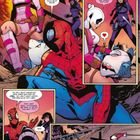 Gwenpool: "Ist die Kavallerie da?", "Hi, beste Freundin", Spiderman in rotem Anzug, dynamische Kampfszene, helle Farben.