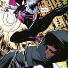 Text: "...Er gab mir auch einen neuen Look!" und "Ups!" 
Illustration: Eine maskierte Figur in weiß-rosa Kostüm springt dynamisch.