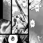 "MEISTER!!", "NEIN!" Explosion, Frau in Rüstung schockiert. Lose Gesteinsbrocken fliegen durch die Luft. Manga-Stil.