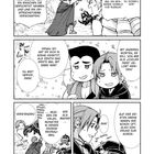 Mehrere Figuren in Manga-Illustration sprechen untereinander in einer Abenteuer-Szene über Kampfstrategien und Vorbilder.