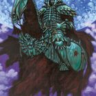 Eine Skelettfigur in Rüstung auf einem Pferd, umgeben von düsteren Wolken.