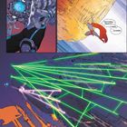 „Indien, heute“, „Okay, ich nutze die Schiffsenergie...“, Figur mit Cyber-Arm, Superheld hebt brennendes Objekt, Laserstrahlen.