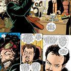 Comic-Stil. Viele Sprechblasen: Ein Mann mit Bart stürmt ins Büro, ein anderer sitzt am Schreibtisch mit Zigaretten.