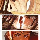 Text: "AUF DER INSEL THEMYSCIRA". Drei Illustrationen: eine Insel mit Bäumen, eine Frau im Kostüm geht durch den Wald, Nahaufnahme ihres Gesichts.