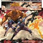 Textlaut: "FLIIING", "AIIIEEE!", "WAS ZUM--?!", "TWANG", "HRRK!!!", "SIR! WAS SOLLEN--", "OH GOTT! WAS ZUR HÖLLE IST DAS?", "AAAHHH!", "N-NEIN...! W-W-WAS--?", "FWAASH", "GLEDOOOM", "KA-RUNNNGCH", "HALT! NEIN!", "BITTE NI--". Das Comic zeigt panische Menschen und monströse Figuren im Kampf.