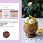 Ananas-Kokos-Fruiti Rezept mit Zutaten und Anleitung, daneben eine Schale mit Eis, Ananasstücken und Kokosraspeln.