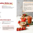 "Gemüse-Wake-up", ein Rezept für einen Gemüsesaft mit Radieschen und Tomaten; daneben eine Schüssel Gemüsequark.