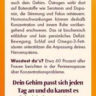 Ein Textfeld beschreibt hormonelle Einflüsse auf das Gehirn, konzentriert sich auf Östrogen und bietet Tipps zur Unterstützung.