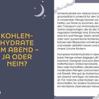 Text links: "Kohlenhydrate am Abend – ja oder nein?" Rechts: Information über Kohlenhydrate und Schlaf. Mond, Sterne, Wolken.